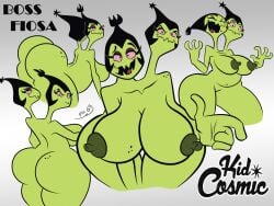 2_heads alien alien_girl big_breasts black_hair completely_nude elfox691 erect_nipples fiosa_(kid_cosmic) green_body green_nipples green_skin kid_cosmic_(series) looking_at_viewer overweight overweight_female voluptuous wide_hips