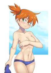 1girls abs asymmetrical_hair bikini blue_bikini blue_swimsuit blush breasts covered_breasts creatures_(company) female game_freak gez1313 green_eyes gym_leader hand_on_chest hand_on_own_chest highres kasumi_(pokemon) legs looking_at_viewer medium_breasts misty_(pokemon) misty_(pokemon_rgby) muscular navel nintendo pokemon pokemon_(game) pokemon_rgby ponytail short_ponytail side_ponytail simple_background smile solo solo_female swimsuit thighs tied_hair topless white_background