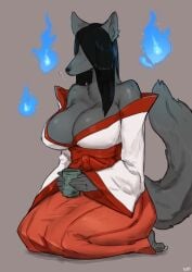 1girls absurd_res anthro big_breasts black_fur black_hair buta99 canine cleavage dog_ears dog_tail domestic_dog female female_only fur furry furry_only kimono kneeling long_hair simple_background solo solo_female tail will-o-wisp