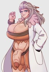 1futa big_balls big_penis breasts cleavage clothed clothing dark-skinned_futanari dark_skin flaccid futa_only futanari huge_breasts human mostly_clothed penis penis_out pokemon pokemon_sv professor_sada_(pokemon) solo standing tsugoi6969