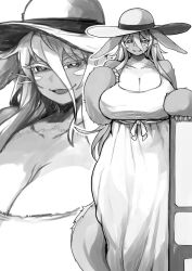 aged_up alternate_costume animal_ears anthro big_breasts cleavage female female_only fur hair_between_eyes hat huge_breasts lagomorph lagomorph_humanoid long_ears long_hair made_in_abyss monochrome nanachi narehate rabbit_ears rabbit_humanoid ranaecho smil3 solo sun_hat sundress whiskers