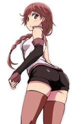 :o ass bad_id bad_pixiv_id bare_shoulders beaver_(artist) braid elbow_gloves female fingerless_gloves gloves hai_to_gensou_no_grimgar hair_over_shoulder long_hair looking_at_viewer red_eyes red_hair shorts single_braid solo thighhighs yume_(grimgar)