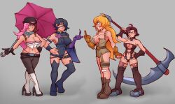 4girls big_breasts black_hair blonde_hair breasts brown_hair brown_thong cinder_fall female female_focus female_only heroine high_heel_boots markydaysaid multiple_girls neo_(rwby) nipple_slip nipples pink_hair pink_thong red_eyes red_hair ruby_rose rwby scythe silver_eyes simple_background skimpy_clothes thick_thighs thighhighs umbrella villainess yang_xiao_long