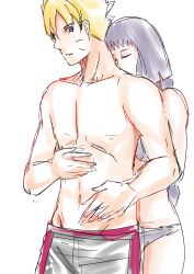 1boy 1girls aged_up blonde_hair blue_eyes blunt_bangs boruto:_naruto_next_generations bra braid braided_twintails breasts closed_eyes couple duo female hugging hugging_from_behind human kakei_sumire lickliking long_hair male male/female naruto naruto_(series) panties pants purple_hair romantic shirtless shirtless_(male) straight tied_hair twintails underwear uzumaki_boruto