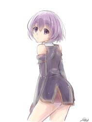 1girls bad_id bad_pixiv_id bangs bare_shoulders black_dress closed_mouth commentary_request cowboy_shot detached_sleeves dress female hai_to_gensou_no_grimgar hair_between_eyes highres liebe long_sleeves looking_at_viewer looking_back purple_eyes purple_hair shihoru_(grimgar) short_dress short_hair signature simple_background sleeveless sleeveless_dress solo solo_female white_background