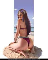 ass athletic_female beach bikini blue_hair feet frog_squat irelia_xan koiarts league_of_legends looking_over_eyewear looking_over_glasses looking_over_sunglasses soles sunglasses thick_lips tinted_eyewear toes