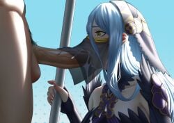 1boy 1girls alternate_costume azura_(fire_emblem) azura_(performing_arts)_(fire_emblem) blue_hair breasts covered_mouth cum cum_in_mouth cum_on_body cum_on_breasts cumdrip ejaculation elbow_gloves erection fellatio fellatio_under_mask fellatio_under_veil female female_focus fingerless_gloves fire_emblem fire_emblem_fates fire_emblem_heroes gloves hair_between_eyes headdress jornyhail long_hair male male_pubic_hair mask mouth_mask mouth_veil nintendo official_alternate_costume open_mouth oral penis profile pubic_hair see-through small_breasts solo_focus spear staff straight sucking uncensored veil veins veiny_penis weapon yellow_eyes