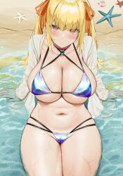 1girls 2022 artist_signature beach bikini blonde_hair blue_bikini blush breasts cleavage female female_only hair_ornament hips huge_breasts long_hair looking_at_viewer oekakizuki original original_character outdoors red_eyes solo solo_female thick_thighs thighs twintails wet wet_body wide_hips