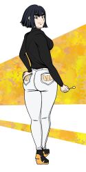 1girls ass big_ass black_hair blue_eyes dat_ass dual_dragon female female_only fully_clothed hand_on_ass jeans kill_la_kill kiryuuin_satsuki looking_at_viewer looking_back short_hair smile solo thick_thighs tight_jeans tight_pants walking