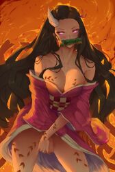 1girls 2022 absurd_res aged_up araneesama artist_signature black_hair body_markings breasts brown_hair cleavage cutesexyrobutts_(style) demon demon_girl demon_horns demon_slayer female female_only glowing_eyes hips horn huge_breasts kamado_nezuko kimetsu_no_yaiba kimono long_hair pink_kimono purple_eyes slim_waist slit_pupils thick_thighs thighs two_tone_hair wide_hips