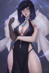 1girls alternate_costume aqua_eyes artist_name bangs black_dress black_hair blue_background blue_eyes blue_hair bob_cut breasts cleavage clothing cowboy_shot diagonal_bangs dice dress earrings english_commentary evening_gown female fur_trim genshin_impact gloves grin highres jewelry kayav large_breasts looking_at_viewer multicolored_hair navel necklace short_hair side_slit signature smile solo spread_legs two-tone_hair wide_hips yelan_(genshin_impact)