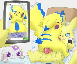 absurd_res anal anal_sex balls being_watched cosplay_pikachu genitals group hi_res lagomorph lantha leporid looking_at_another male male/male male_penetrated male_penetrating male_penetrating_male mammal milochu nintendo penetration penile penile_penetration penis_in_ass phone pikachu pokémon_(species) pokemon rabbit sparkchu01 trio video_games yellow_body