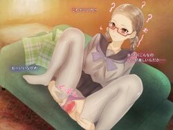 10yen_jondo(artist) 13_sentinels:_aegis_rim ? blonde_hair blush braid braided_hair brown_eyes censored cg glasses on_sofa presenting presenting_pussy school_uniform schoolgirl sitting spread_legs spread_pussy spreading text tomi_kisaragi torn_clothes torn_legwear torn_pantyhose translation_request