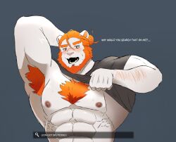 abs absurd_res anthro armpit_hair bara barazoku body_hair brave_(browser) clothing english_text facial_hair felid hi_res lion looking_at_viewer looking_down looking_down_at_viewer male male_only mammal mane muscular muscular_anthro muscular_male nipples orange_mane pantherine pecs pectorals pkylblu search_bar searching solo text