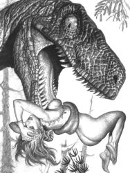 cavewoman dinosaur eaten_alive female female_prey human imminent_vore jungle_girl peril tongue tongue_wrap trapped tyrannosaurus_rex vore