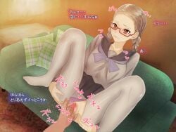 10yen_jondo(artist) 13_sentinels:_aegis_rim blonde_hair blush braid braided_hair brown_eyes censored cg clenched_teeth female_ejaculation fingering fingers_in_pussy glasses on_sofa orgasm presenting presenting_pussy pussy_juice school_uniform schoolgirl sitting spread_legs spread_pussy spreading squirting text tomi_kisaragi torn_clothes torn_legwear torn_pantyhose translation_request