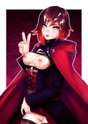 1girls breasts breasts_out cape cloak cum cum_on_breasts cum_on_face cum_on_hair cum_on_tongue grapesliime heart-shaped_pupils light-skinned_female light_skin partially_clothed phloxberry pussy red_hair rooster_teeth ruby_rose rwby short_hair silver_eyes skirt skirt_lift solo solo_female torn_clothes two_tone_hair wingding_eyes