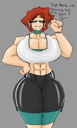 abs female freckles green_eyes gym_clothes knocking marcy_(shewiff) muscular_female red_hair shewiff shorts smile