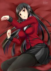 1girls big_breasts black_hair breasts breasts_out clothed clothing couch feet female female_focus female_only fit fit_female hime_cut holding_card jabami_yumeko kakegurui rei_kun solo