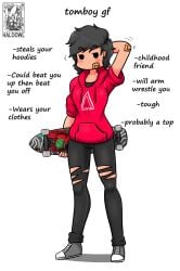 1girls bandaid black_hair black_pants female haloowl hoodie ideal_gf meme ripped_pants skateboard solo_female tagme tomboy white_background