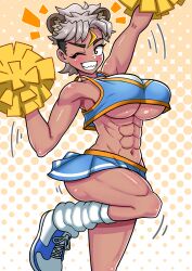 2022 animal_penis armpits blush blushing brown_skin cheerleader cheerleader_uniform eight_pack fang_honebuchi fang_honebuchi_(artist) hi_res hyena hyena_girl indie_virtual_youtuber loose_shirt muscular muscular_female no_panties pom_poms sharp_teeth shaved_side silver_hair sports_shoes toned_ass virtual_youtuber yellow_highlights