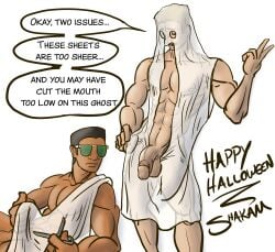 2boys cliff_armendariz dark-skinned_male dialogue_bubble elijah_mckaber ghost_costume halloween male male_only muscular_male oc original_character shakam sunglasses yaoi