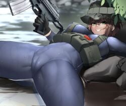 big_breasts big_thighs breasts brown_hair cameltoe firearm fit fit_female gloves green_eyes gun huge_thighs kanine41 large_breasts large_thighs military military_clothing military_equipment military_hat pouch pouches rifle skinny soldier special_forces thick thick_thighs tight_clothes tight_clothing tight_fit tights wet