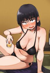 1girls big_breasts bikini black_bikini black_hair blush breasts demiomurash diary_of_our_days_at_the_breakwater eyebrows_visible_through_hair fat_belly houkago_teibou_nisshi kotani_sayaka mole mole_under_eye navel plump teacher