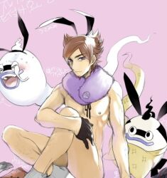 bunny_ears covering_crotch hairy_legs japanese_mythology male_focus male_only purple_eyes shogun_waitington suggestive toned_body toned_male whisbei whisper_(yo-kai_watch)