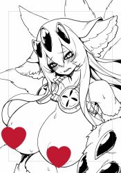 1girls aged_up alternate_breast_size animal_ears bare_shoulders big_breasts blush breasts breasts_out censored censored_breasts claws cleavage eyebrows eyelashes faputa female female_only fluffy fluffy_ears frown fur goggles_around_neck heart_censor huge_breasts humanoid large_breasts line_art long_hair looking_at_viewer made_in_abyss monochrome monster_girl narehate ranaecho sharp_teeth solo solo_female sweat topless topless_female upper_body