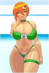 1girls ben_10 big_breasts bikini busty cartoon_network child_bearing_hips cleavage donchibi female female_only future_gwen green_bikini green_eyes green_swimsuit gwen_tennyson large_breasts legs looking_at_viewer navel orange_hair sensual smile swimsuit thick_thighs thighs thong_bikini voluptuous walking