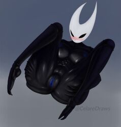 black_skin celaredraws female female_only hollow_knight hornet_(hollow_knight) laying_on_back naked naked_female shiny_skin solo_female spread_legs