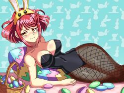 1girls :3 arm_support big_breasts breasts bunny_girl bunnysuit busty cleavage covered_navel curvy easter_egg egg female female_only highres jokarioart large_breasts latex legs leotard looking_at_viewer lying pose pyra rabbit_ears red_hair short_hair smile smug solo thighs xenoblade_(series) xenoblade_chronicles_2 yellow_eyes