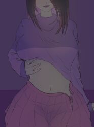 1girls alternate_breast_size bete_noire brown_hair glitchtale large_breasts loose_clothes panty_peek pink_highlights purple_panties shirt_lift tagme undertale undertale_(series) undertale_au undertale_fanfiction undressing unzipped_skirt