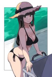 1girls bikini black_bikini black_ribbon breasts demiomurash eyebrows_visible_through_hair girls_und_panzer medium_breasts nishizumi_shiho ribbon straw_hat