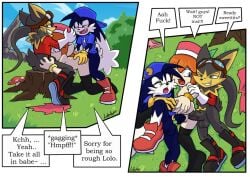 2boys anal anal_penetration anal_sex blowjob cock_ring comic dialogue double_penetration expressions female gritted_teeth guntz hound hybrid klonoa klonoa_(series) lolo_(klonoa) luhvart monkey mounting outdoor_sex panties_aside partially_clothed sex_on_floor sex_on_grass shocked_expression spitroast stockings torn_clothing vaginal_penetration