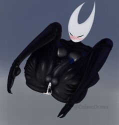 black_skin celaredraws cum cum_in_pussy female female_only flushed futanari hollow_knight hornet_(hollow_knight) laying_on_back naked naked_female shiny_skin solo_female spread_legs sweat