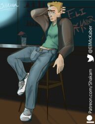 bar blonde_hair bulge elijah_mckaber erection erection_under_clothes fully_clothed hand_behind_head male male_only oc original_character shakam shirt_on shoes_on sitting_on_stool tavern unzipped_jacket