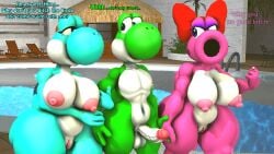 1boy 2girls 3d 3d_(artwork) angry anthro balls big_breasts bimbo birdetta birdo breasts curvy_figure daemont92 digital_media_(artwork) dinosaur erection female flirting genitals grabbing_arms green_yoshi group hand_holding hi_res light_blue_yoshi male male/female mario_(series) muscular muscular_female nintendo nipples nude nudist penis pussy reptile rule_63 scalie source_filmmaker swimming_pool thick_thighs trio video_games voluptuous wide_hips yoshi