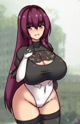 1girls absurdres artist_name big_breasts breasts busty cameltoe child_bearing_hips cleavage cosplay fate/grand_order fate_(series) female female_only hand_on_hip highres huge_breasts legs leotard long_hair looking_at_viewer nier nier:_automata purple_eyes purple_hair pussy scathach_(fate) smile solo thick_thighs thighs voluptuous yorha_2b yorha_2b_(cosplay)