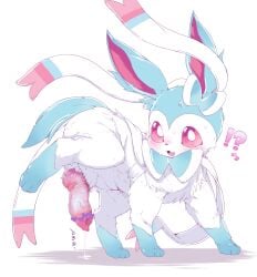 animal_genitalia animal_penis blue_body blue_fur blush bodily_fluids canine_penis censored confusion eeveelution erection feral fluffy fur genital_fluids genitals hi_res ineffective_censorship knot male male_only male_sylveon momokemobeya neck_tuft nintendo paws penis pink_eyes pokémon_(species) pokemon precum presenting presenting_penis ribbons solo sweat sylveon tuft video_games white_body white_fur