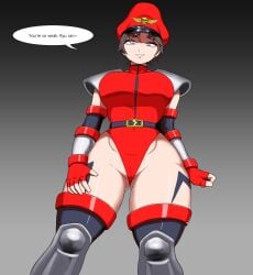 ass breasts brown_hair capcom low-angle_view m_bison_(cosplay) mind_control pulpawoelbo ryu_(street_fighter) sakura_kasugano shadaloo short_hair street_fighter text thick_ass thick_thighs thighs tomboy