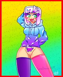 1girl 1girls 2022 :3 arm_behind_head artist_signature blue_hoodie blush bottomless breasts bright_colors cat_mouth feet_out_of_frame female female_only flustered gradient_background green_eyes half-dressed half_naked hat headgear headwear highres hoodie light-skinned_female looking_away medium_breasts mismatched_legwear multicolored_background multicolored_hair multicolored_socks open_mouth portrait pubic_hair purple_hair pussy raku_sarvin real_person red_border roblox short_hair simple_background socks solo sonadrawzstuffyt standing style_parody sweat thighhighs topwear ushanka youtube youtube_avatar youtuber