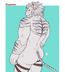 anthro ass back blush felid feline final_fantasy final_fantasy_xiv flirtatious hi_res hrothgar invalid_tag male male_only mammal muscular nude pantherine solo square_enix standing straps tiger video_games white xenax