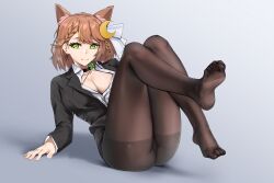 1girls ass catgirl cleavage clothed feet formal green_eyes pantyhose short_hair simple_background sitting solo tierla