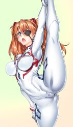 1girls alternate_breast_size artist_request asuka_langley_sohryu big_breasts blush clothing color exposed_pussy eyepatch female female_only firm_ass fully_clothed hi_res holding_leg large_breasts leg_up neon_genesis_evangelion plugsuit pussy rebuild_of_evangelion solo thick_thighs tight_clothing toned_female tsundere vertical_splits