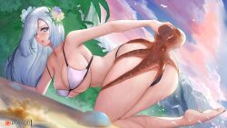 1girls ass beach bikini breasts flower_in_hair genshin_impact long_hair mihoyo octopus sand shenhe_(genshin_impact) tentacle white_hair windwalker