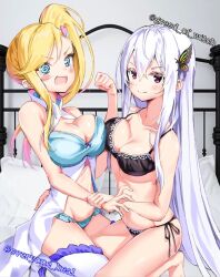 2girls @_@ aqua_eyes arm_grab bangs bed black_eyes black_underwear blonde_hair blush breast_press breasts cleavage cleavage_cutout clothing_cutout crossed_bangs echidna_(re:zero) embarrassed flower hair_flower hair_ornament heart heart_hair_ornament highres koushin_ryo large_breasts long_hair minerva_(re:zero) multiple_girls panties parted_bangs re:zero_kara_hajimeru_isekai_seikatsu side_ponytail smile string_panties symmetrical_docking thighhighs torso_grab twitter_username underwear very_long_hair white_hair white_thighhighs yuri