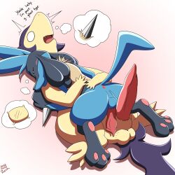 1:1 5_fingers absurd_res animal_genitalia animal_penis anus ass balls big_penis blue_body blush canine_penis duo embrace empty_eyes eparihser erection fingers fur gay genitals hi_res hug knot laying_on_top lucario lying male male/male nintendo nude on_top open_mouth penis pillow pokemon pokemon_(species) sleeping smile spikes text tired typhlosion video_games