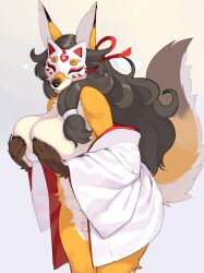 1girls anthro big_breasts black_hair breasts canine countershading covering_breasts female female_only fox fox_ears fox_tail fur furry furry_only hi_res kame_3 kimono long_hair looking_at_viewer mask masked_fox_(kame_3) smiling_at_viewer solo solo_female tail yellow_fur